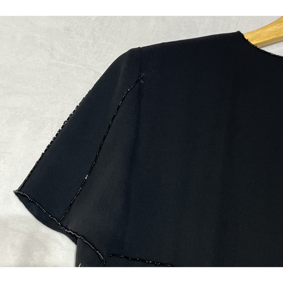 Maggy London Chiffon Sequin Dress 6 Black Midi Short Sleeve Classic Elegant - Picture 5 of 13